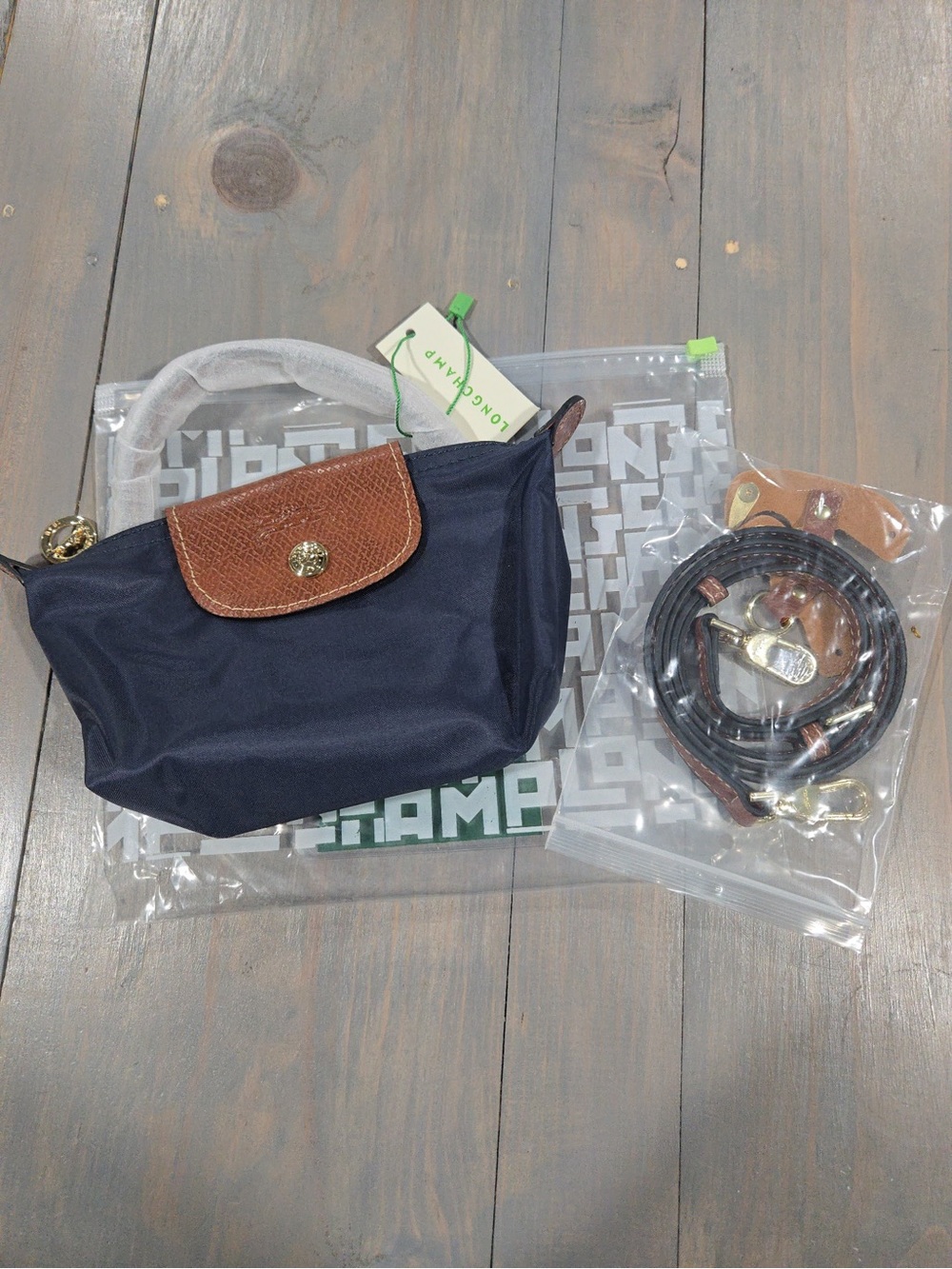 Longchamp mini le pliage Elegant Navy Tan Women's Bag purse tote crossbody - Picture 4 of 6